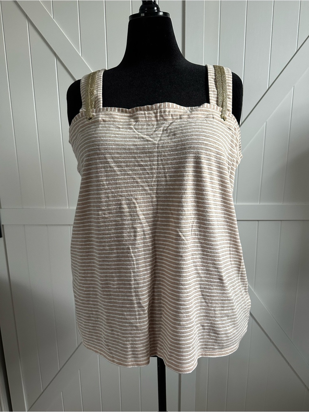 Soft Surroundings Size XL Beige Ivory Striped Linen Blend Tank Top Gold Metallic